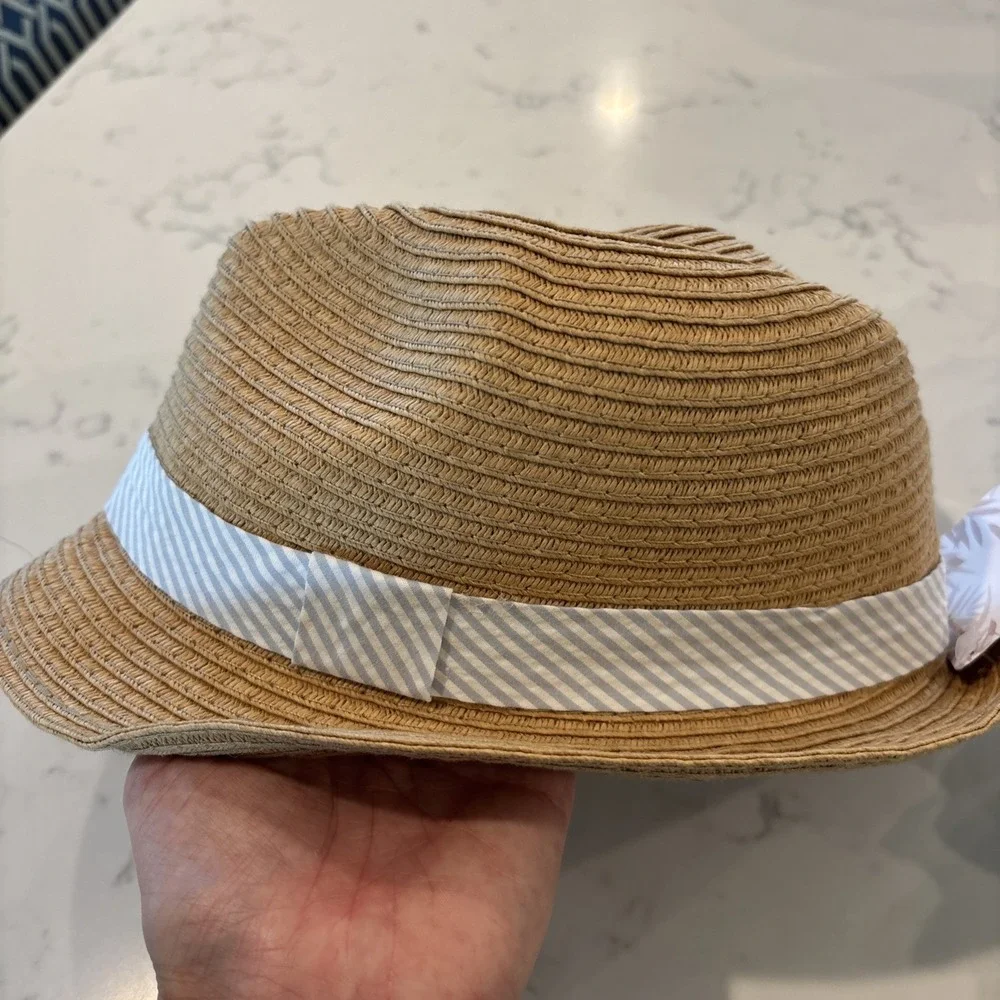 Tommy‎ Bahama Kids Straw Fedora Hat Seersucker Striped Band Vacation Summer NWT